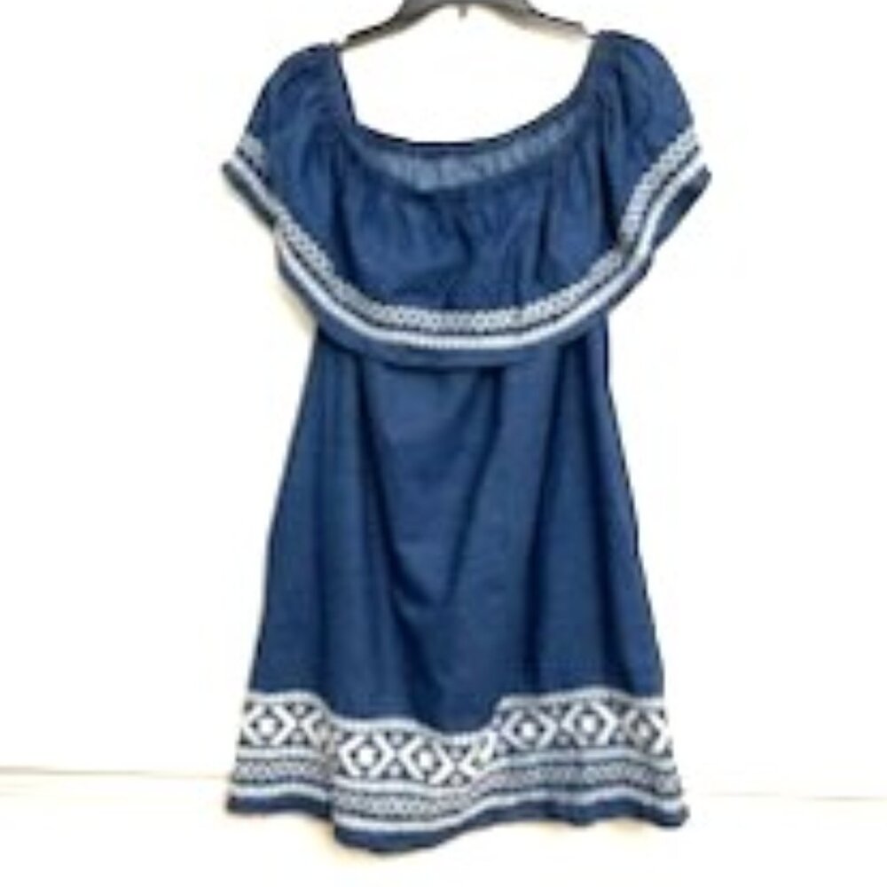 Westport Chambray Embroidered Dress Women's Size 1X Blue & White On/Off Shoulder